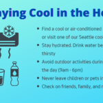 Graphic advises people how to stay cool in the heat: Find a cool or air-conditioned place to stay, or visit one of our Seattle cooling centers. Stay hydrated. Drink water before you're thirsty. Avoid outdoor activities during the heat of the day (9am - 6pm). Never leave children or pets in a vehicle. Check on friends, family, and neighbors.