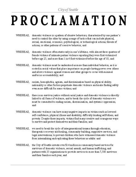 Seattle Proclamation City of Seattle Recognizes October 2024 as “Domestic Violence Awareness ...