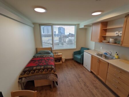 View of a small studio apartment in permanent housing project