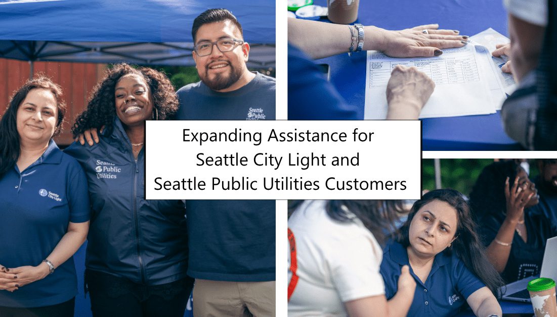 Smiling Seattle customer service representatives helping people with applications for the utility assistance programs.